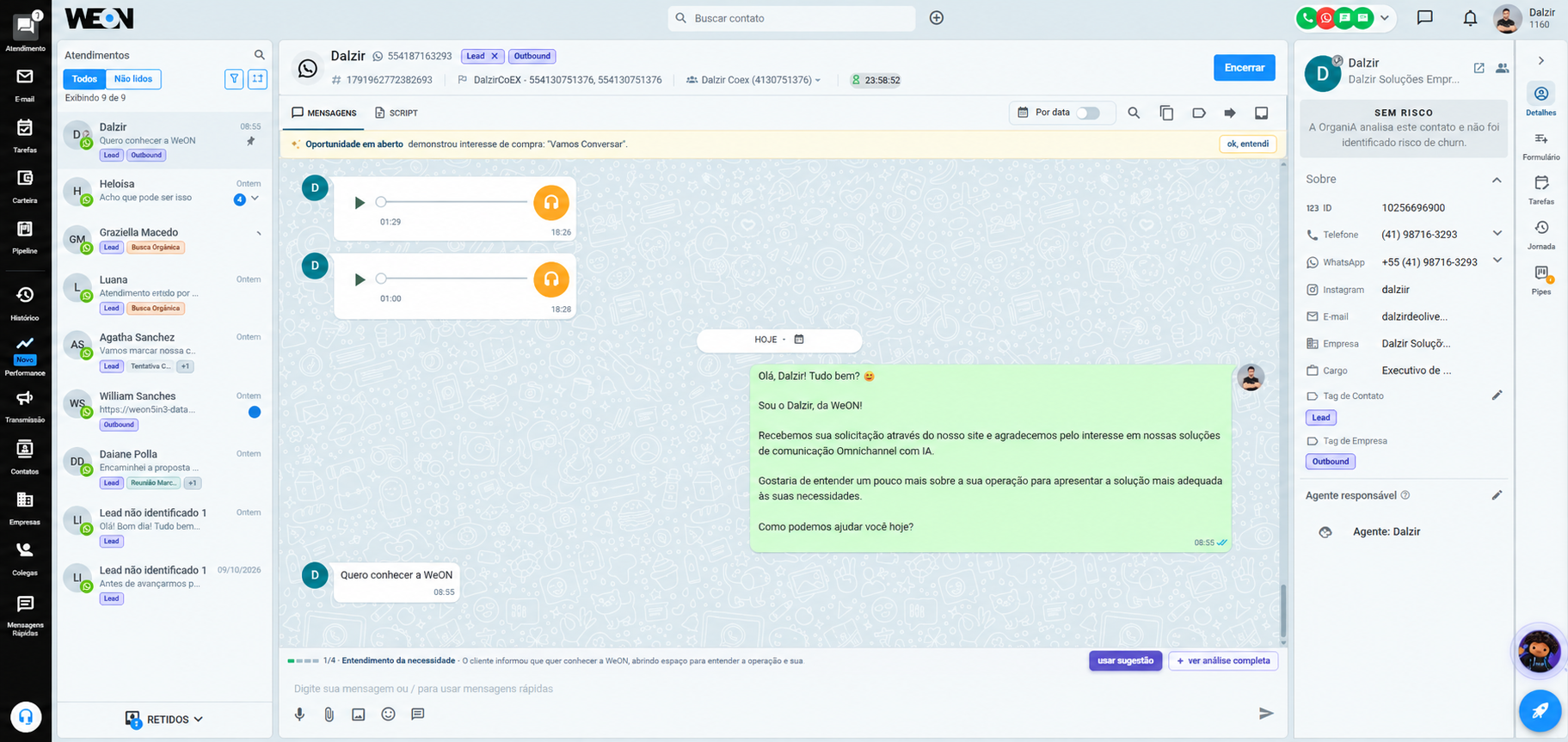 Painel de atendimento da WeON